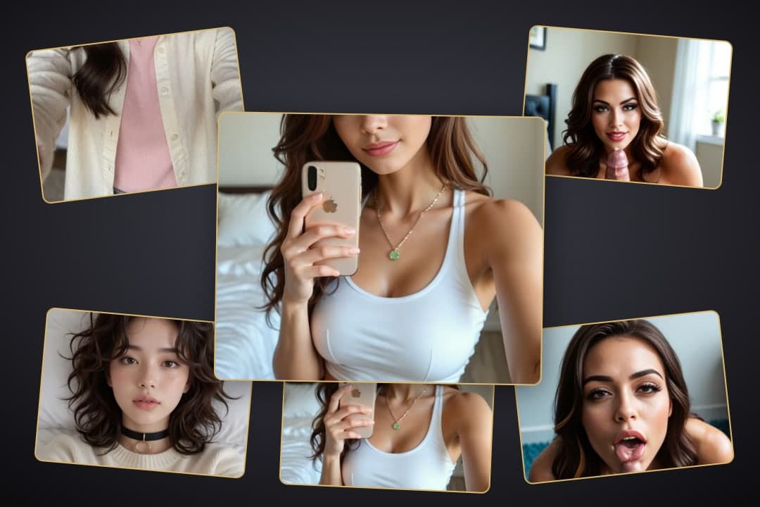 Brunette sucks cock in selfie collage