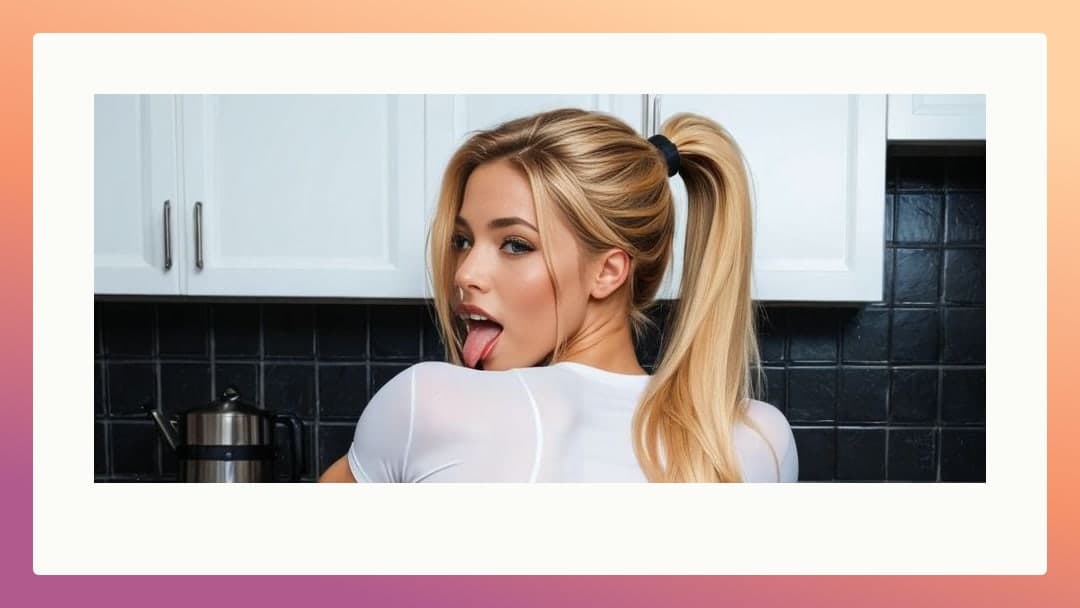 Blonde tongue out in kitchen