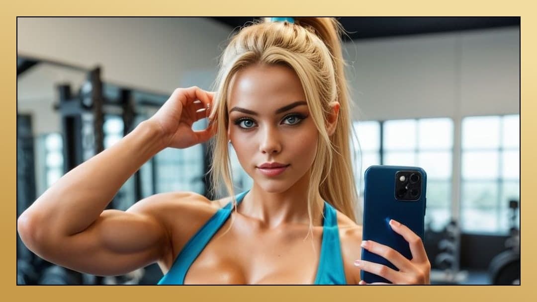 Athletic blonde cleavage mirror selfie