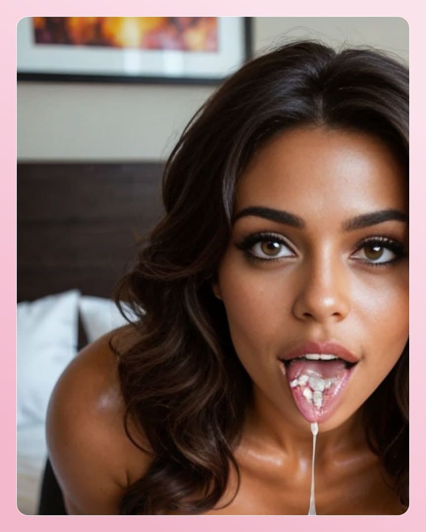 Long wavy hair cum on tongue