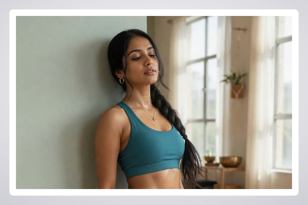 Young Indian model sweaty yoga pose