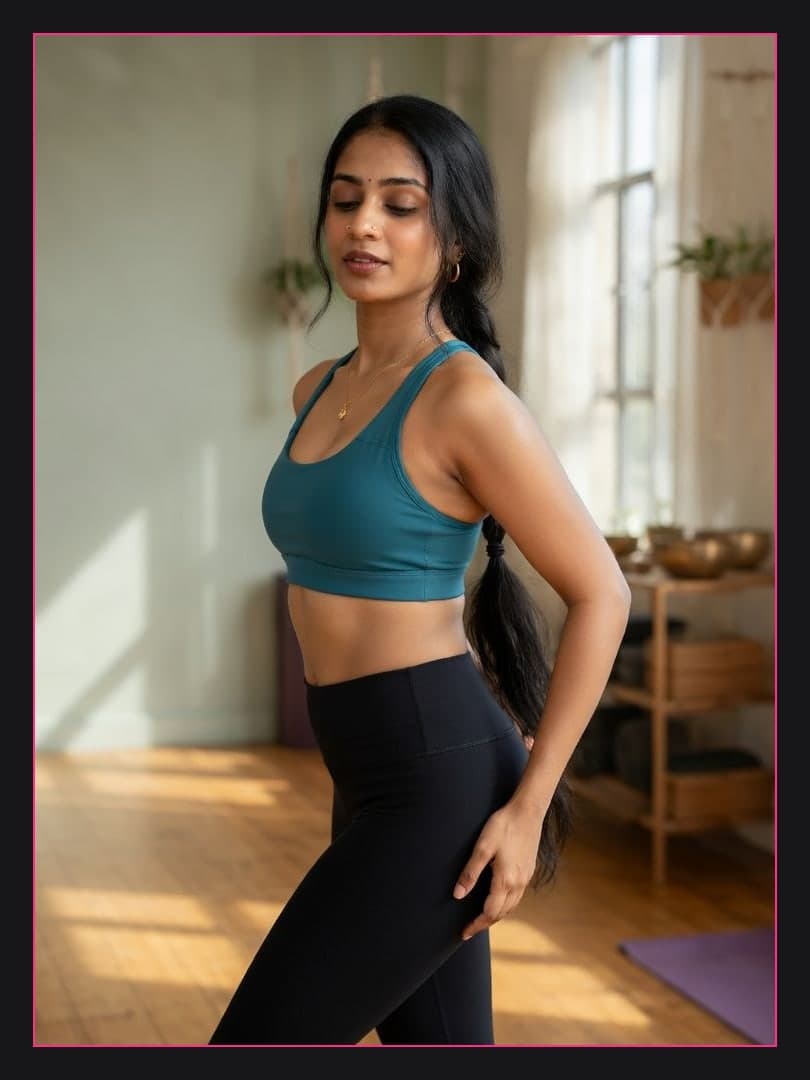 Raven ponytail full body studio pose