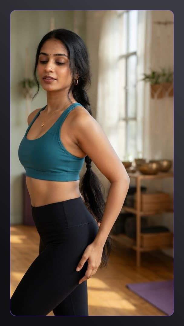 Athletic Indian in teal sports bra studio