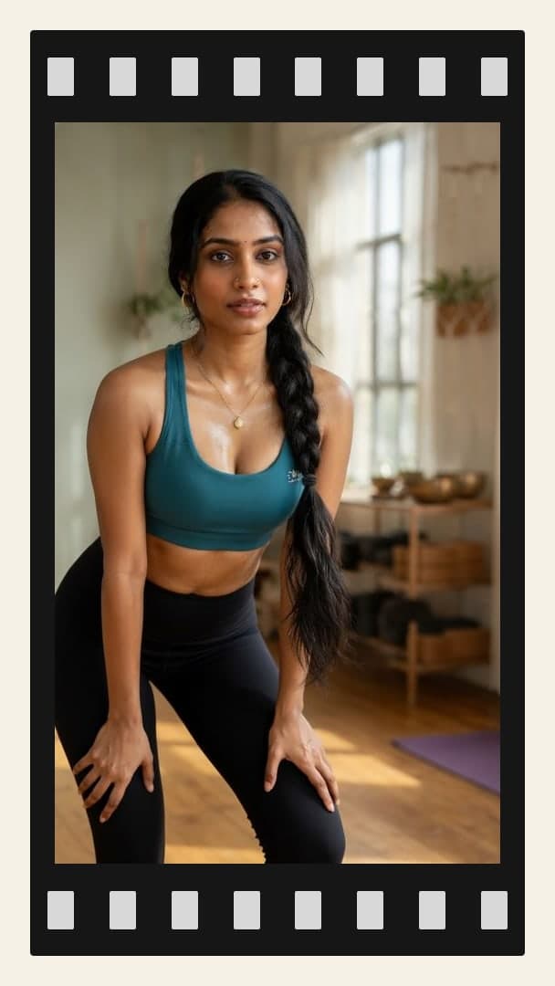 Yoga studio cleavage in teal sports bra