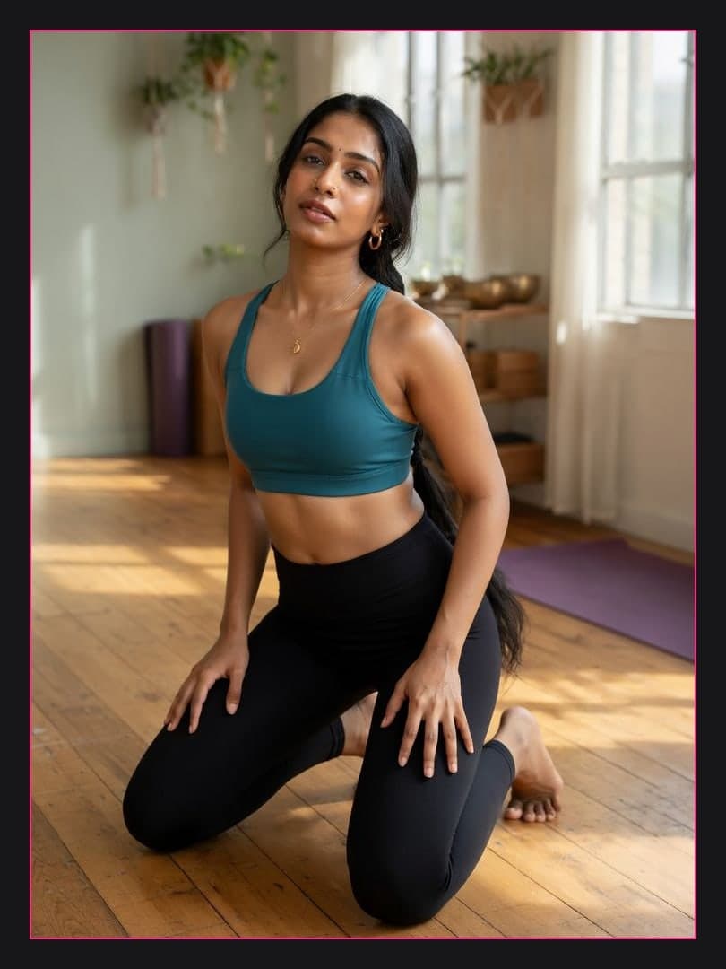 Full body in teal sports bra studio