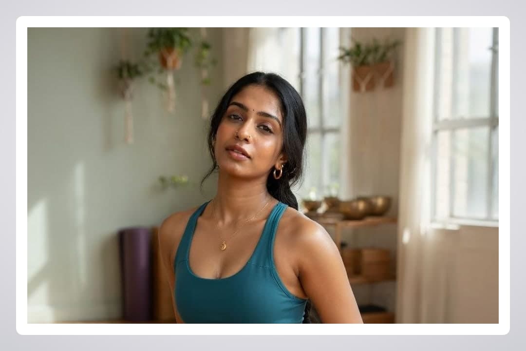 Yoga studio portrait with cleavage