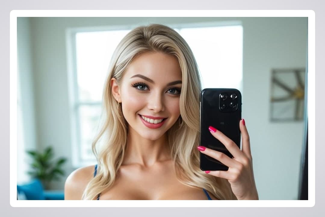 Topless blonde selfie in living room