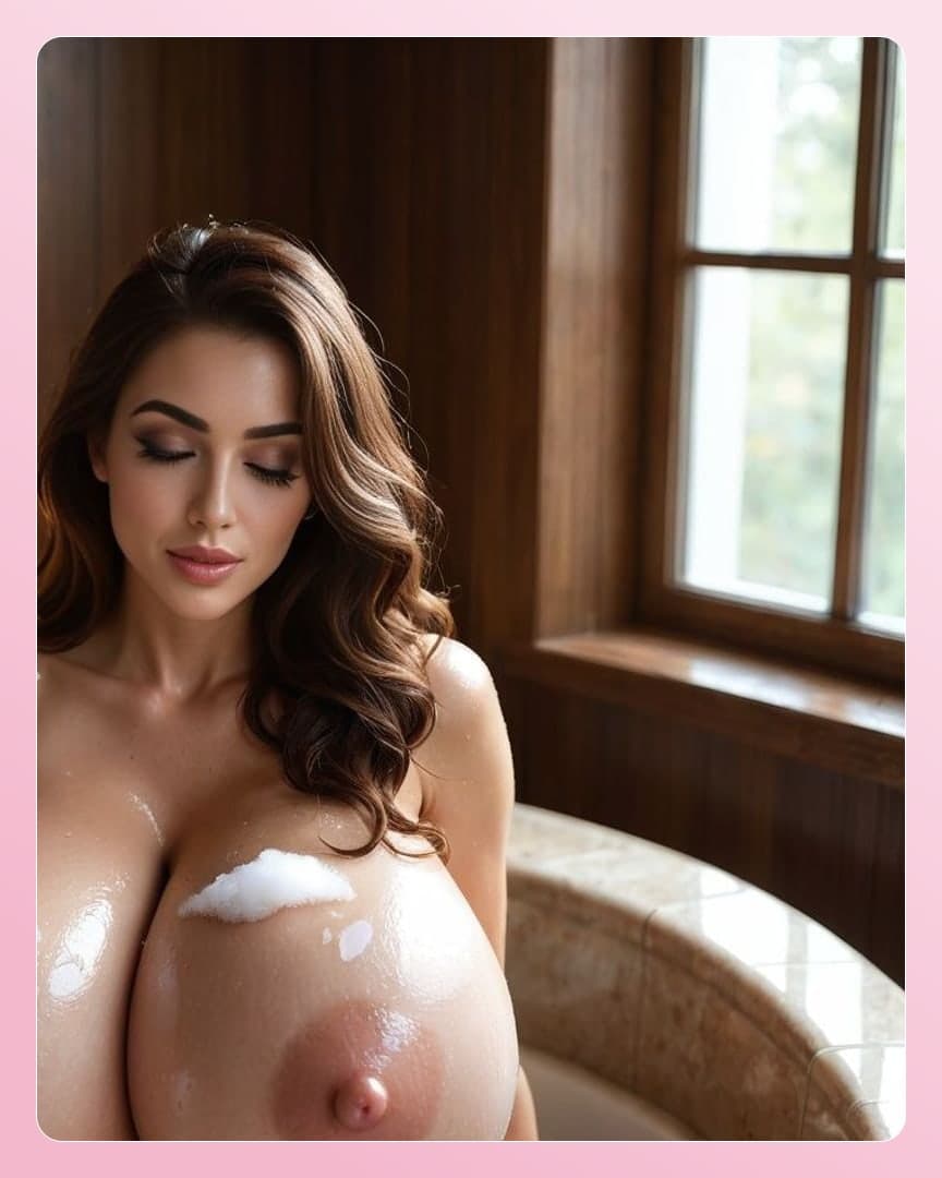 Topless in marble bathtub