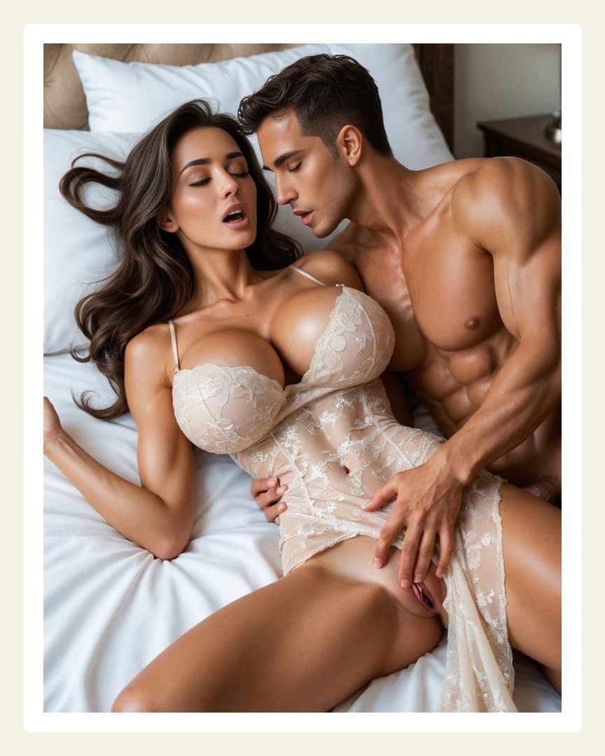 Sheer lace bodysuit pulled aside in bed