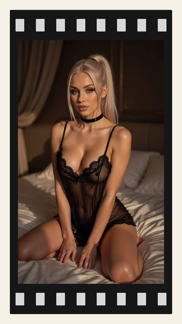 Platinum blonde high ponytail bedroom pose