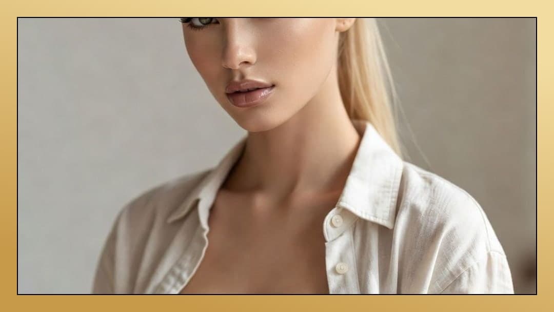 Young adult cleavage in linen shirt