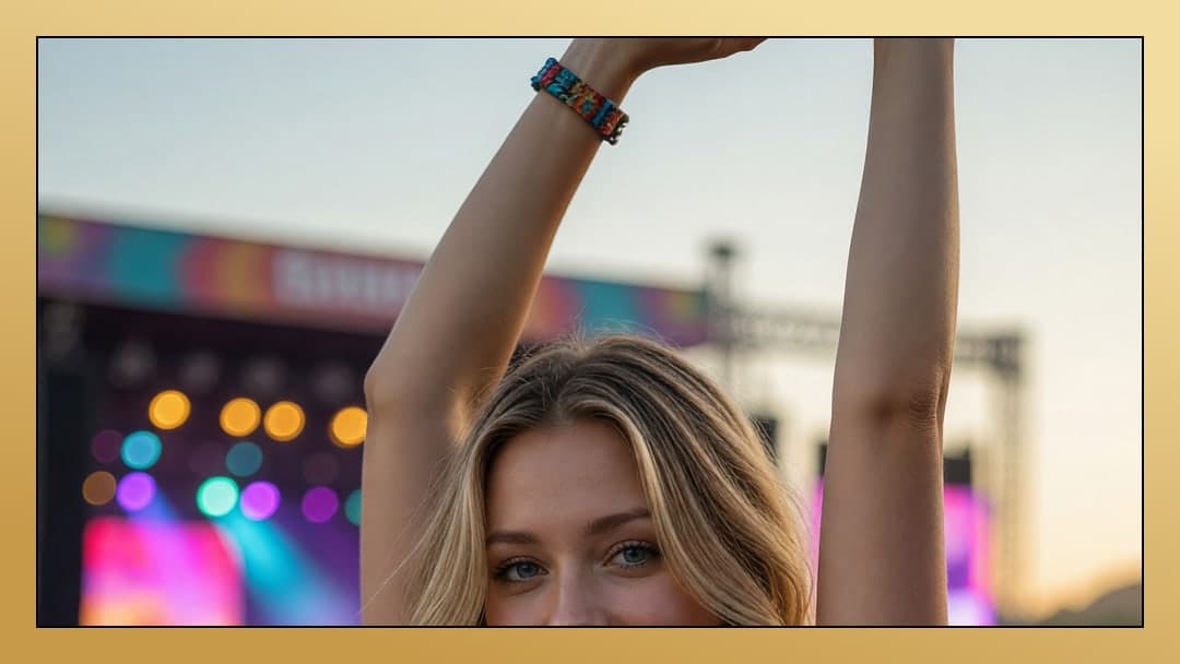 Curvy blonde arms up festival dusk