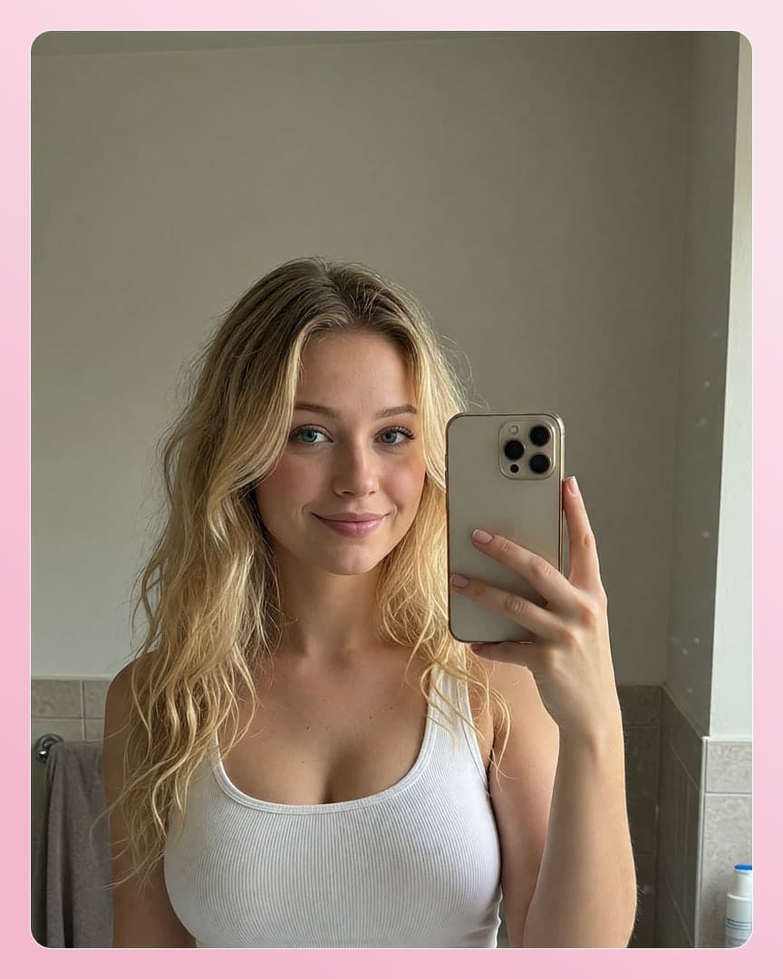 Blonde wavy hair bathroom selfie