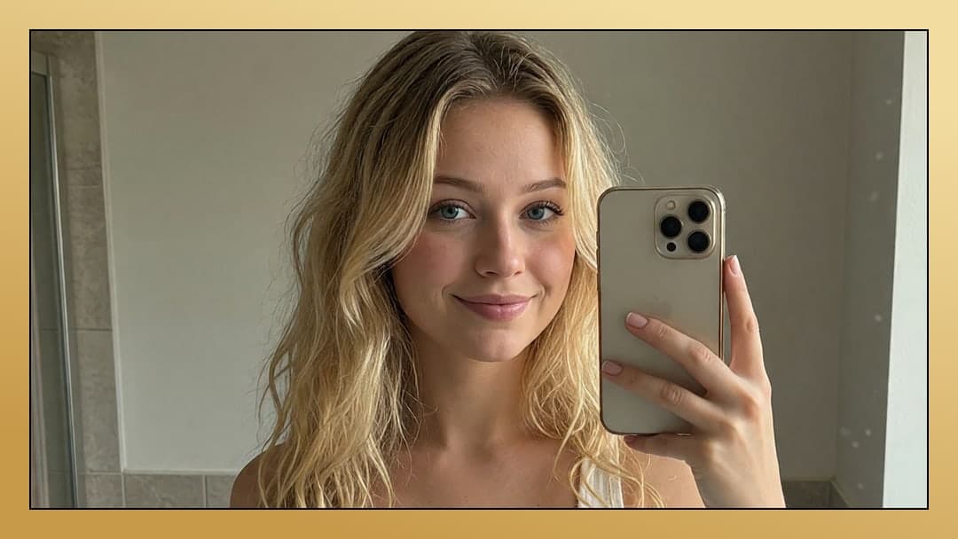Topless blonde bathroom selfie