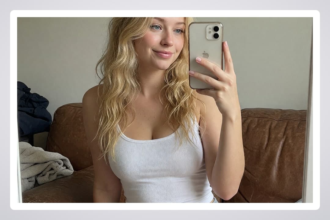 Blonde cleavage couch mirror selfie