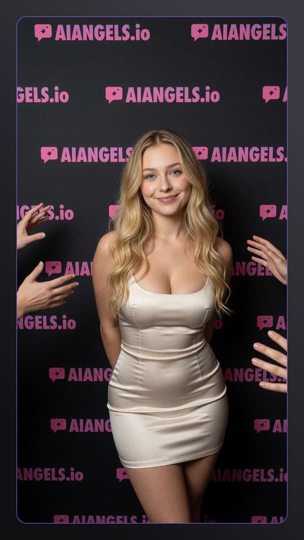 Blonde wavy hair in tight beige dress