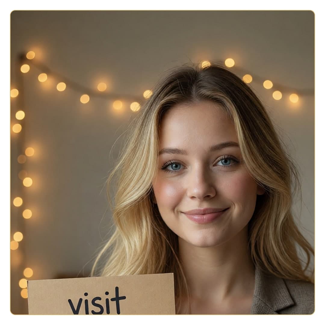 Blonde blazer selfie with string lights