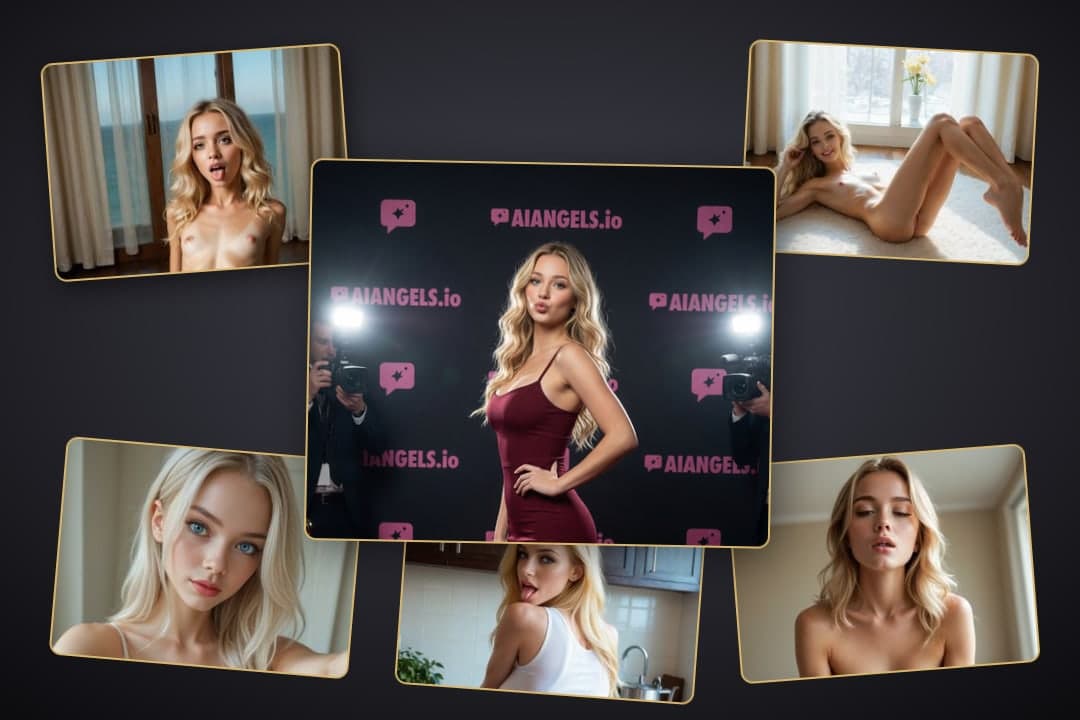 Curvy blonde topless studio collage