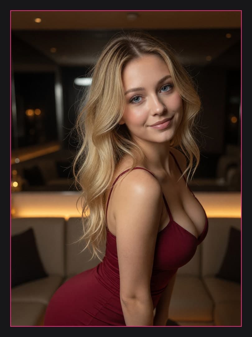 Young curvy blonde in burgundy dress