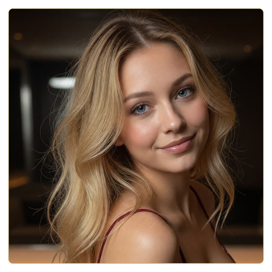 Blue eyed blonde over shoulder look