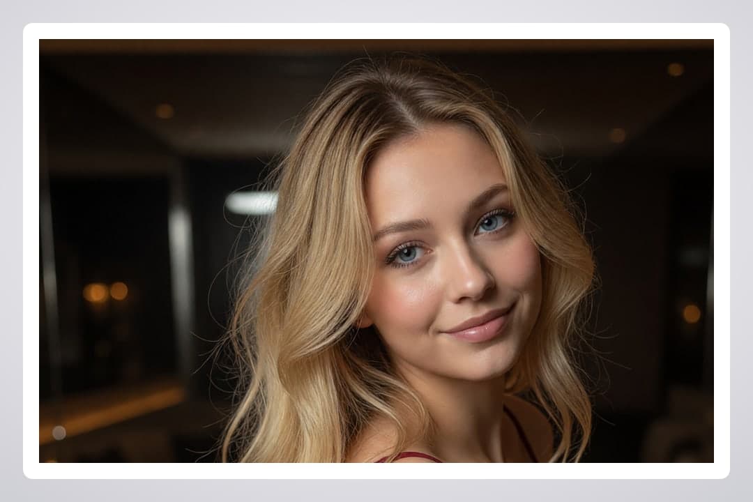 Blonde wavy hair blue eyes smile