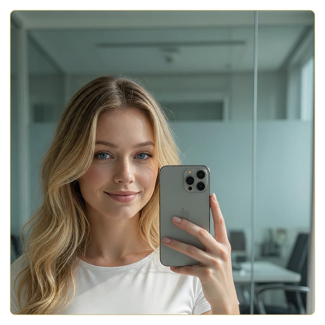 Blonde office selfie in white t-shirt