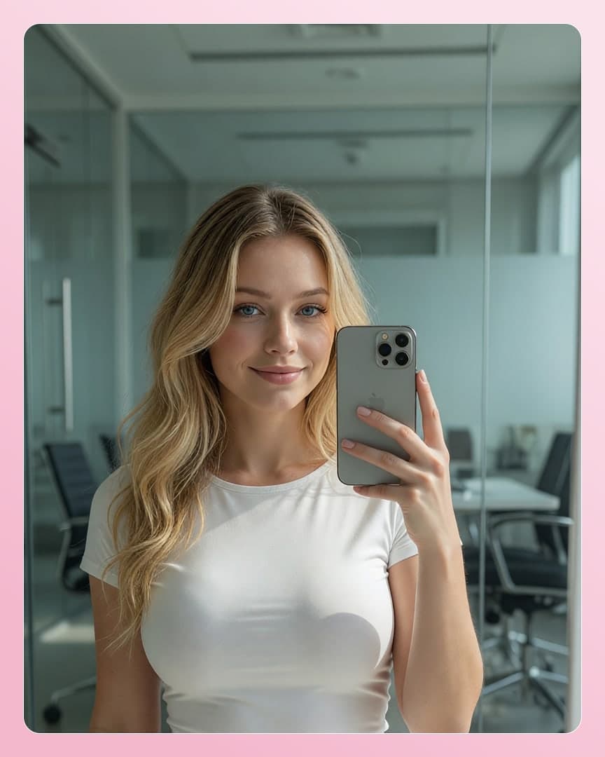 Blonde office mirror selfie cleavage