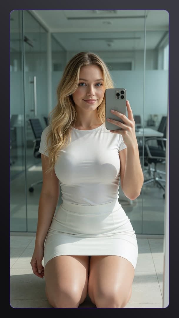 Blonde office selfie in white