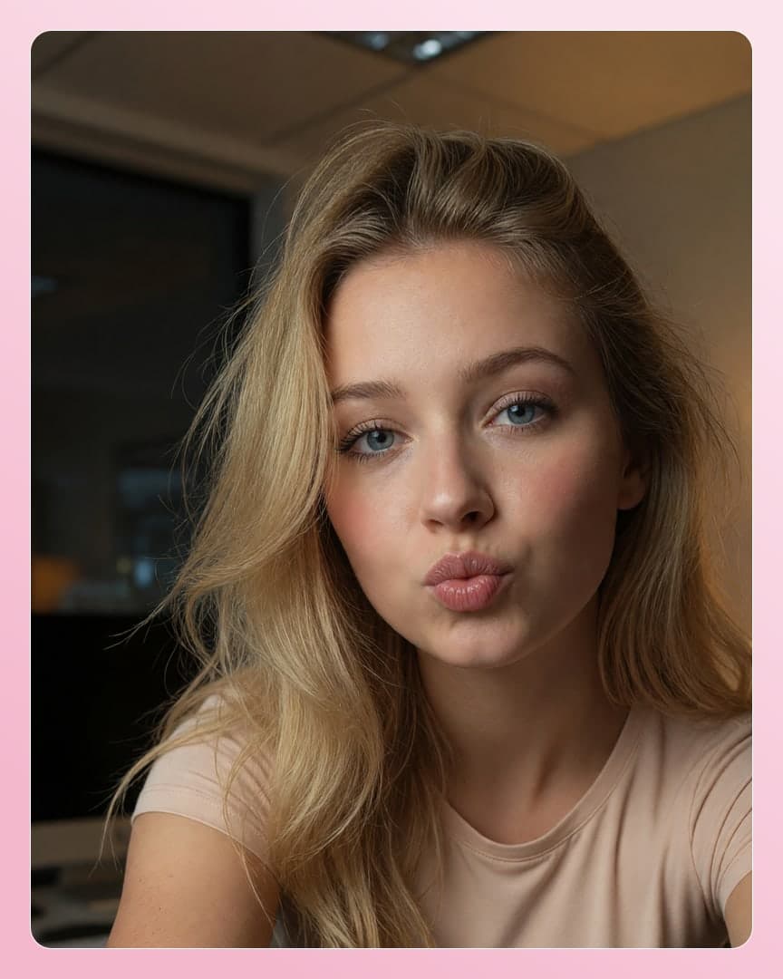 Blonde office kiss selfie