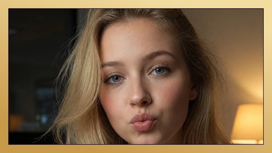 Blonde kiss face selfie indoors