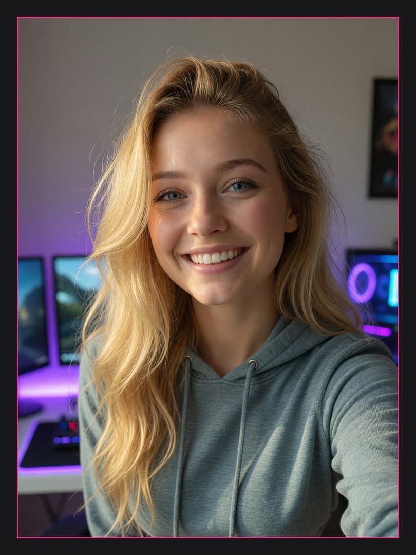 Blonde blue eyes gaming room selfie