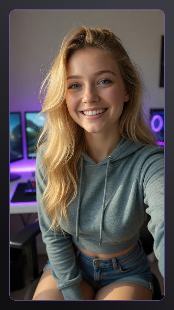 Curvy blonde gaming room selfie
