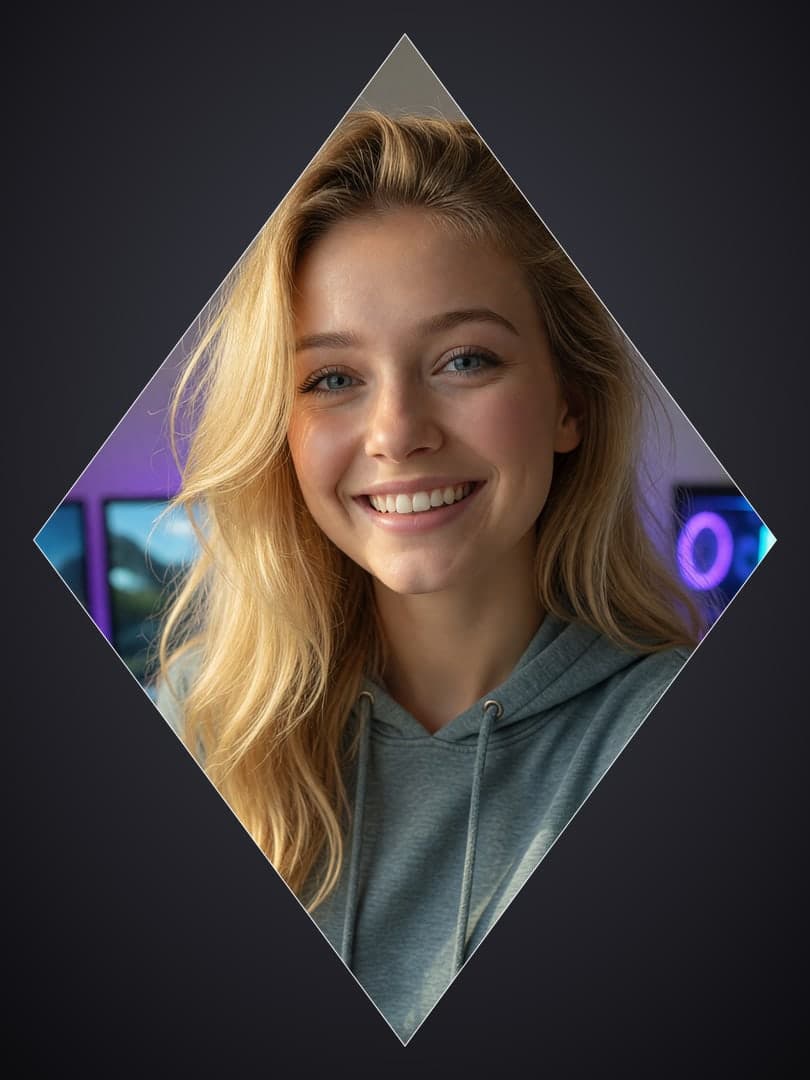 Blonde in gray hoodie purple lights