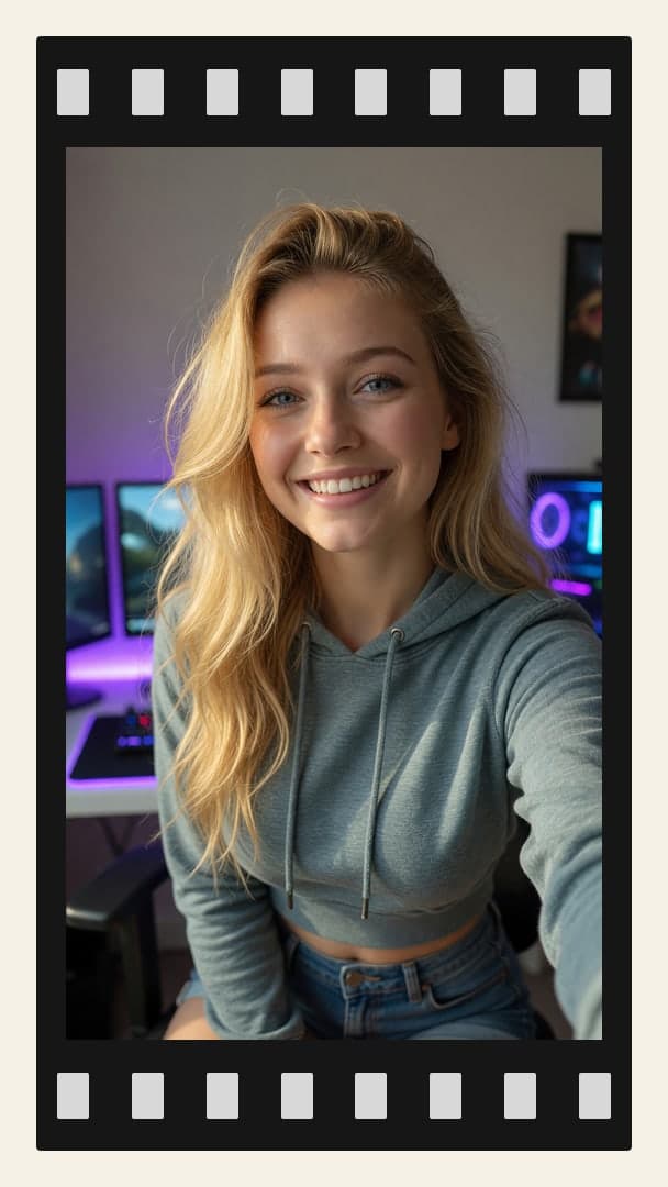 Blonde gaming room selfie low angle