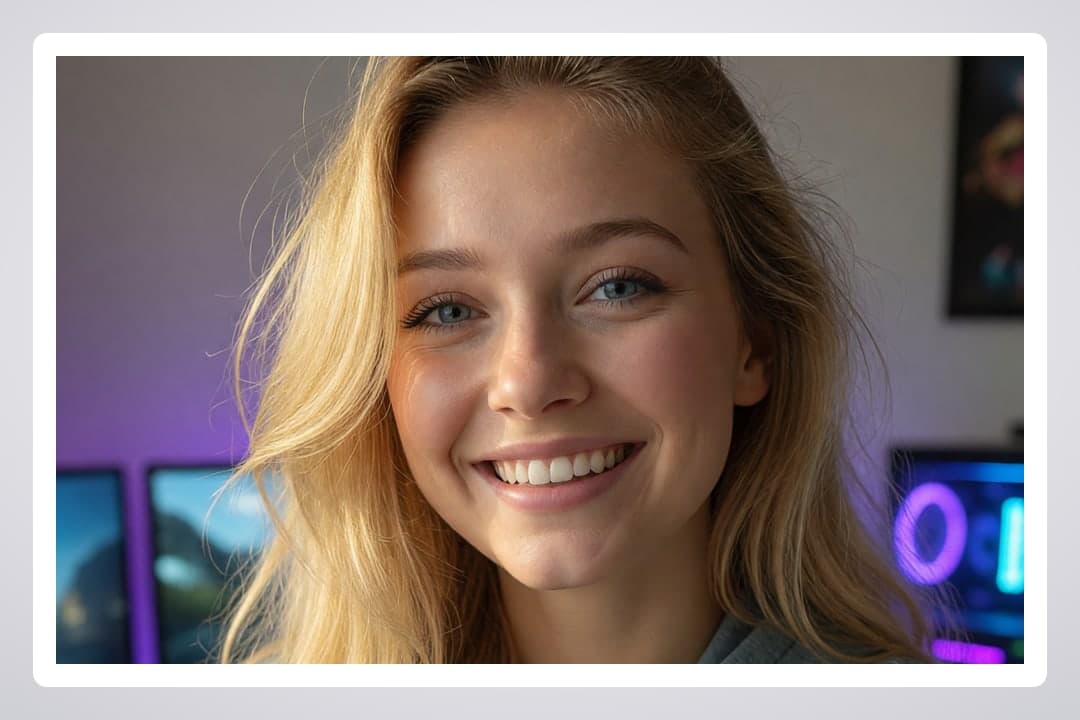 Blonde blue eyes gaming room selfie