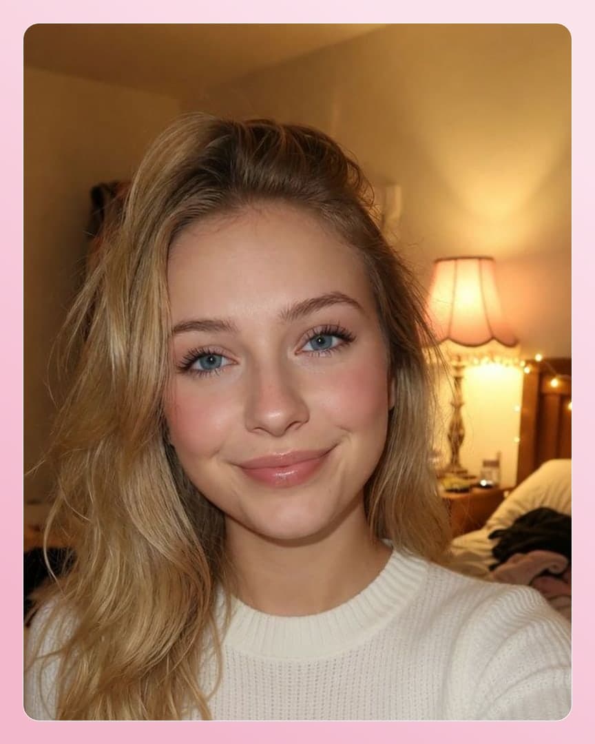 Waist up blonde sweater selfie bedroom