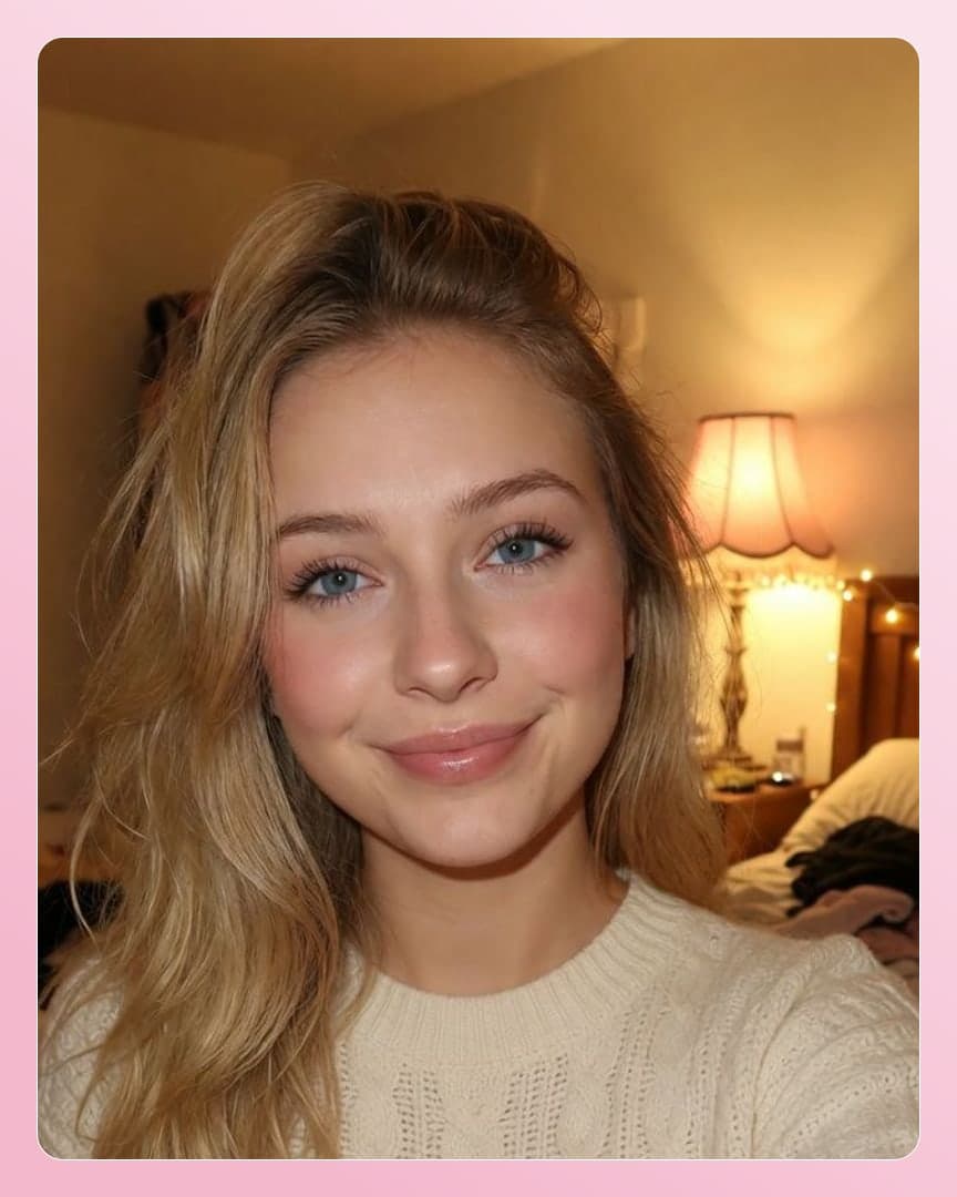 Blonde bedroom selfie in sweater