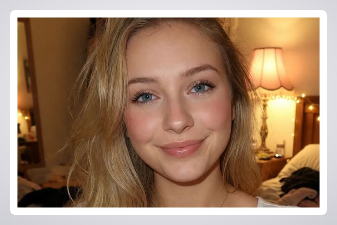 Blonde blue eyes selfie bedroom glow