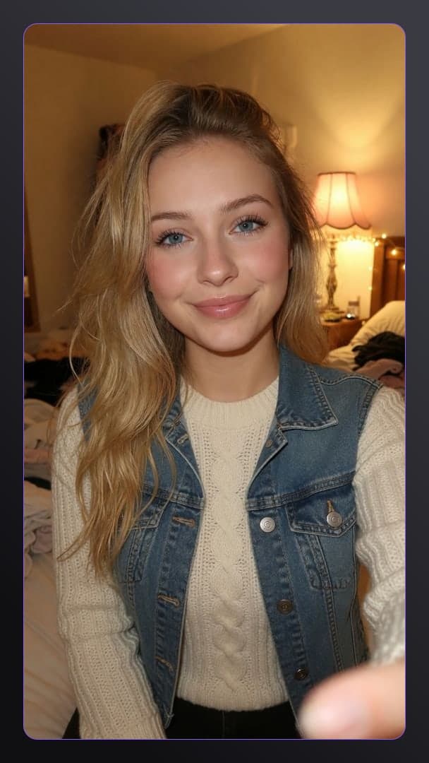 Blonde in sweater bedroom selfie