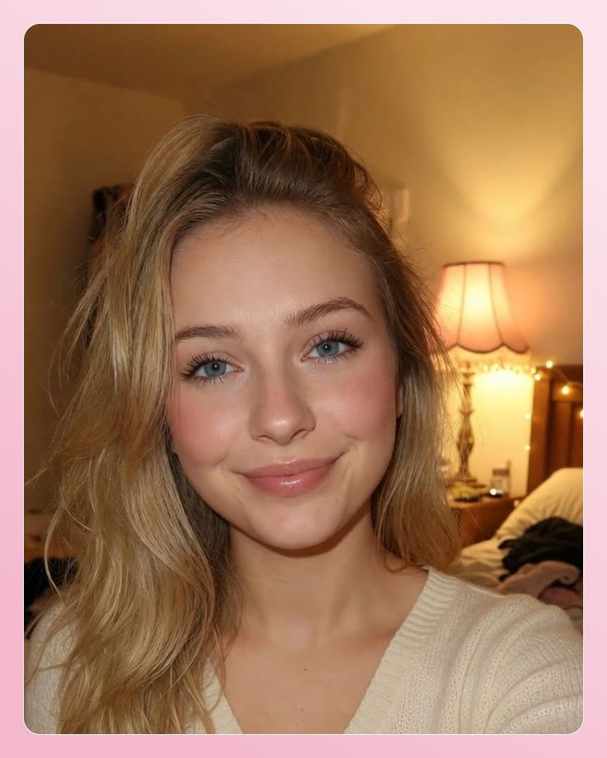 Blonde wavy hair bedroom selfie