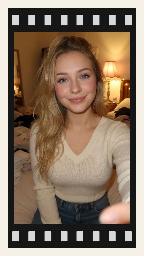 Blonde wavy hair bedroom selfie