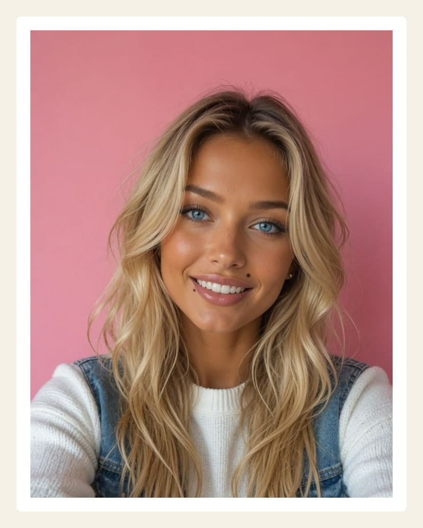 Blonde selfie denim vest pink backdrop