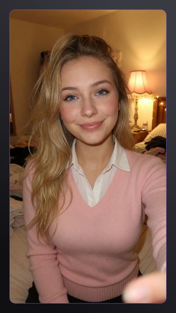 Blonde in pink sweater bedroom selfie