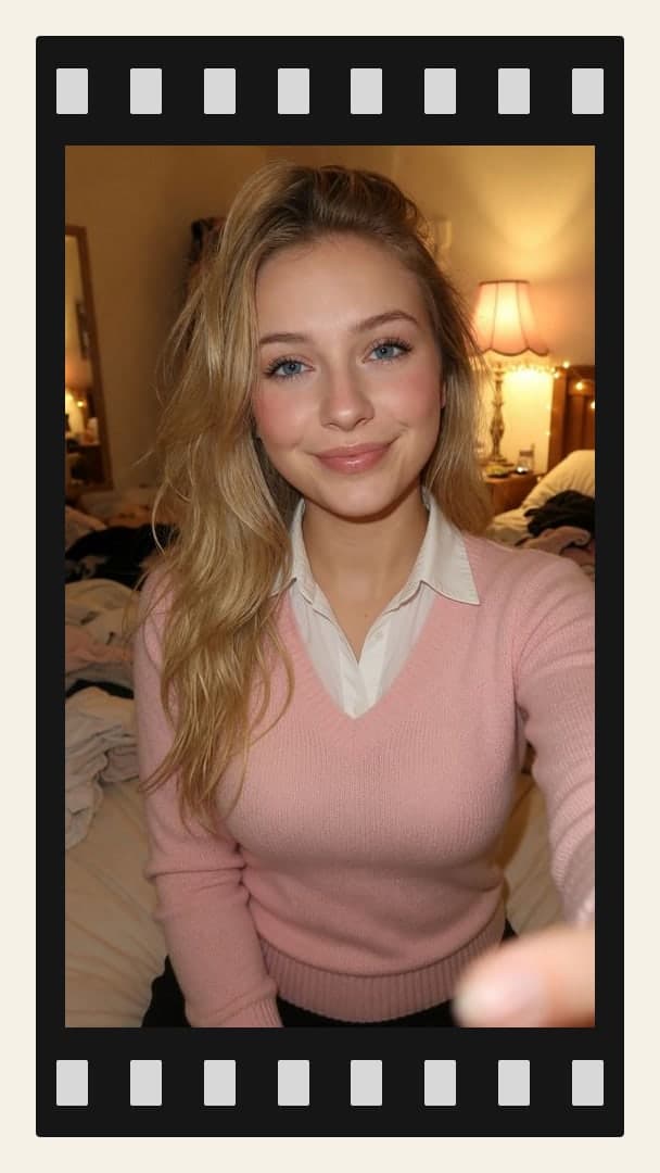 Curvy blonde low angle bedroom selfie