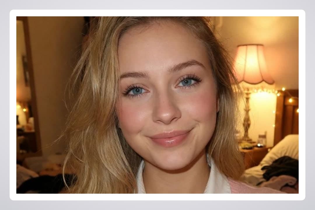 Blonde bedroom selfie warm lights