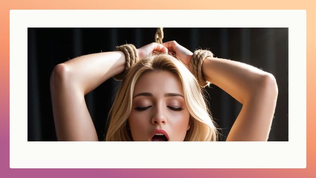 Bound blonde with eyes closed moaning