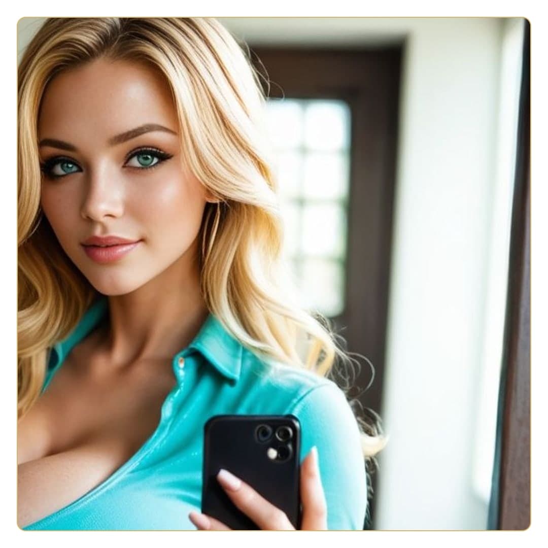 Blonde cleavage selfie in turquoise shirt