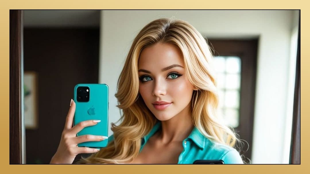 Turquoise shirt selfie with deep cleavage