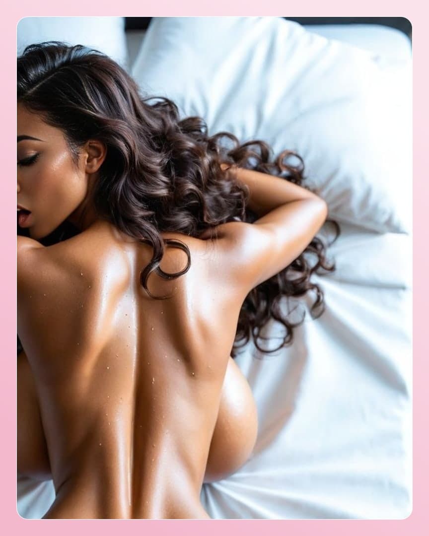 Oiled ebony curves on white sheets