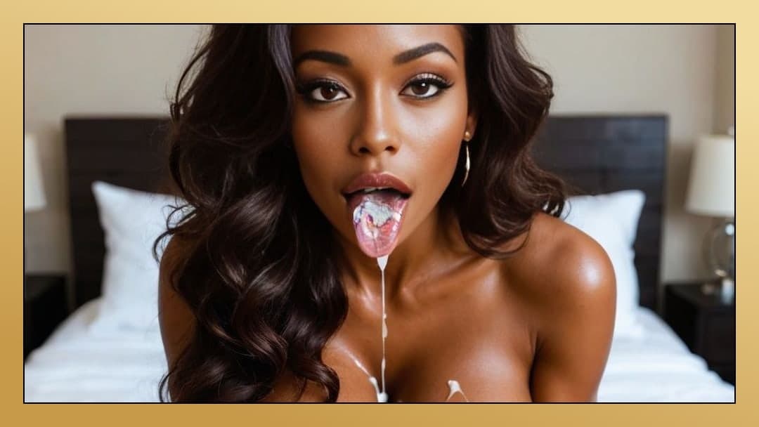 Young adult cum on tongue close-up